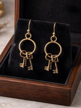 Bronze Key Dangle Earrings ~ Hypoallergenic Hooks